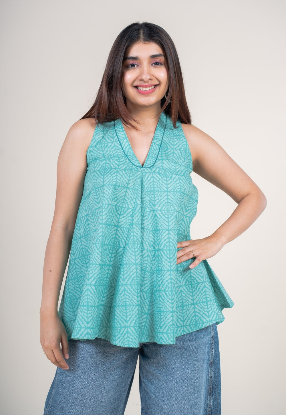 Zivya Aqua Green Printed Cotton A Line Short Top