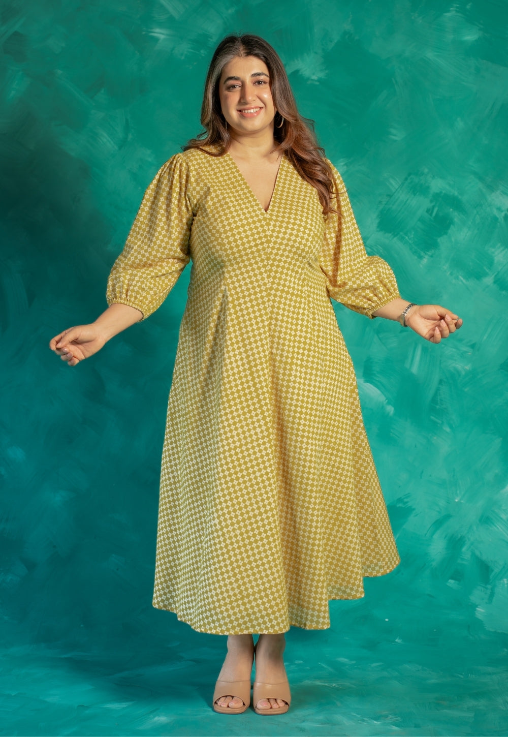 Eyza Yellow Bagru Cotton A Line Dress