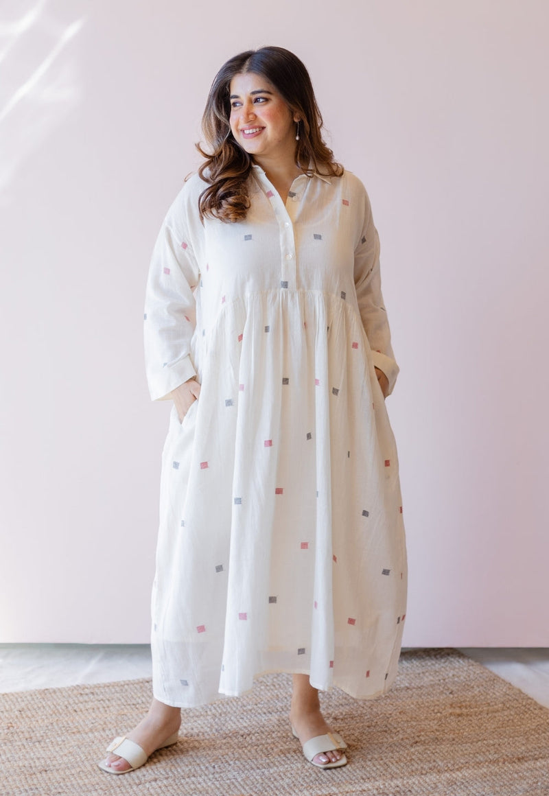 Rhea Off White Jamdani Handloom Cotton A Line Dress