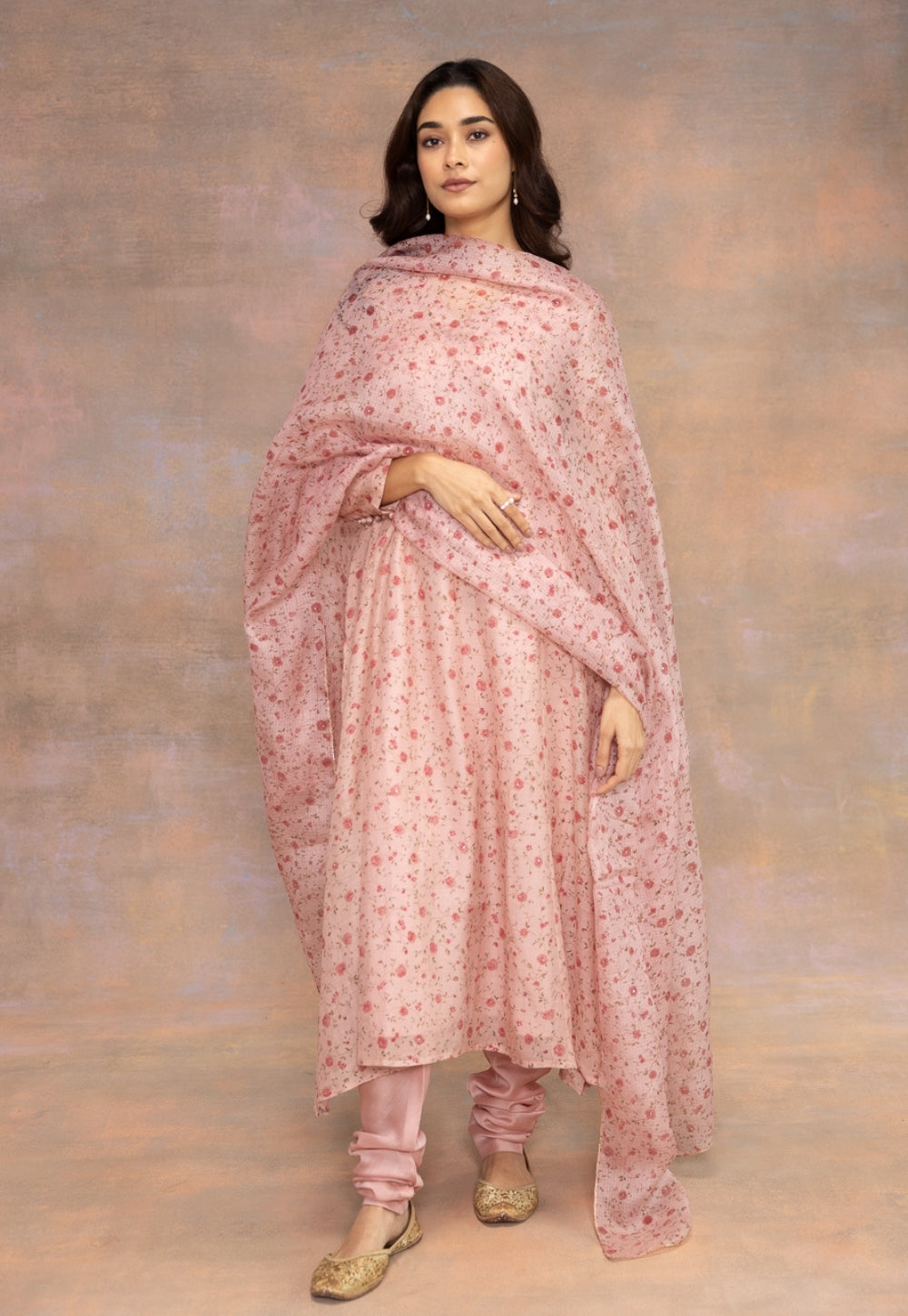 Rose Pink Sanganeri Chanderi Silk Kali Kurta with Hand Embroidery