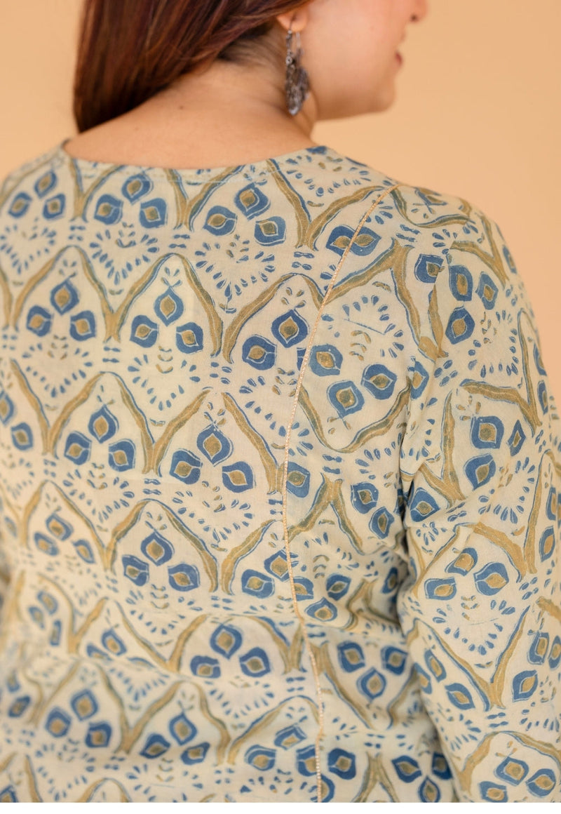 Malika Off White Ajrakh Cotton Kali Kurta with Embroidery
