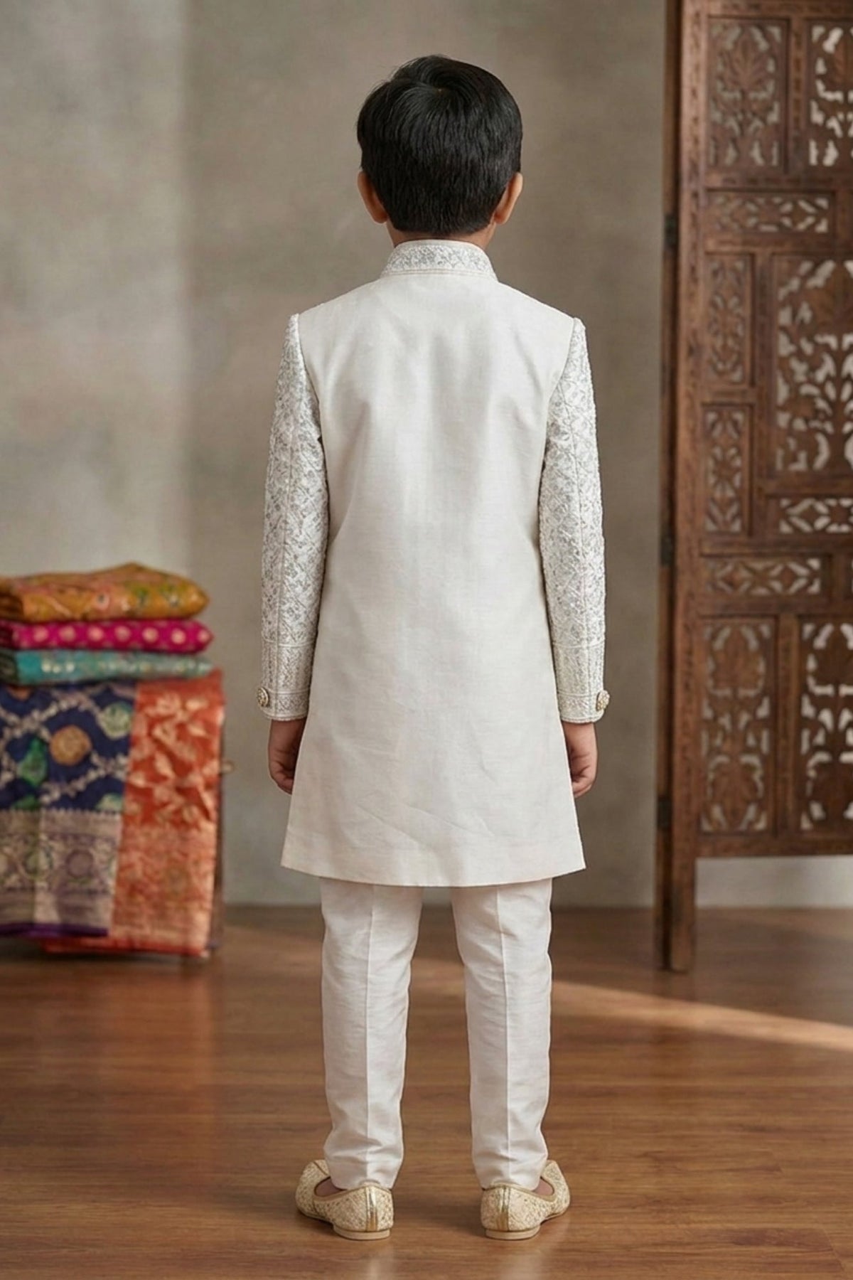 White Embroidered Indo Western Sherwani Set For Boys