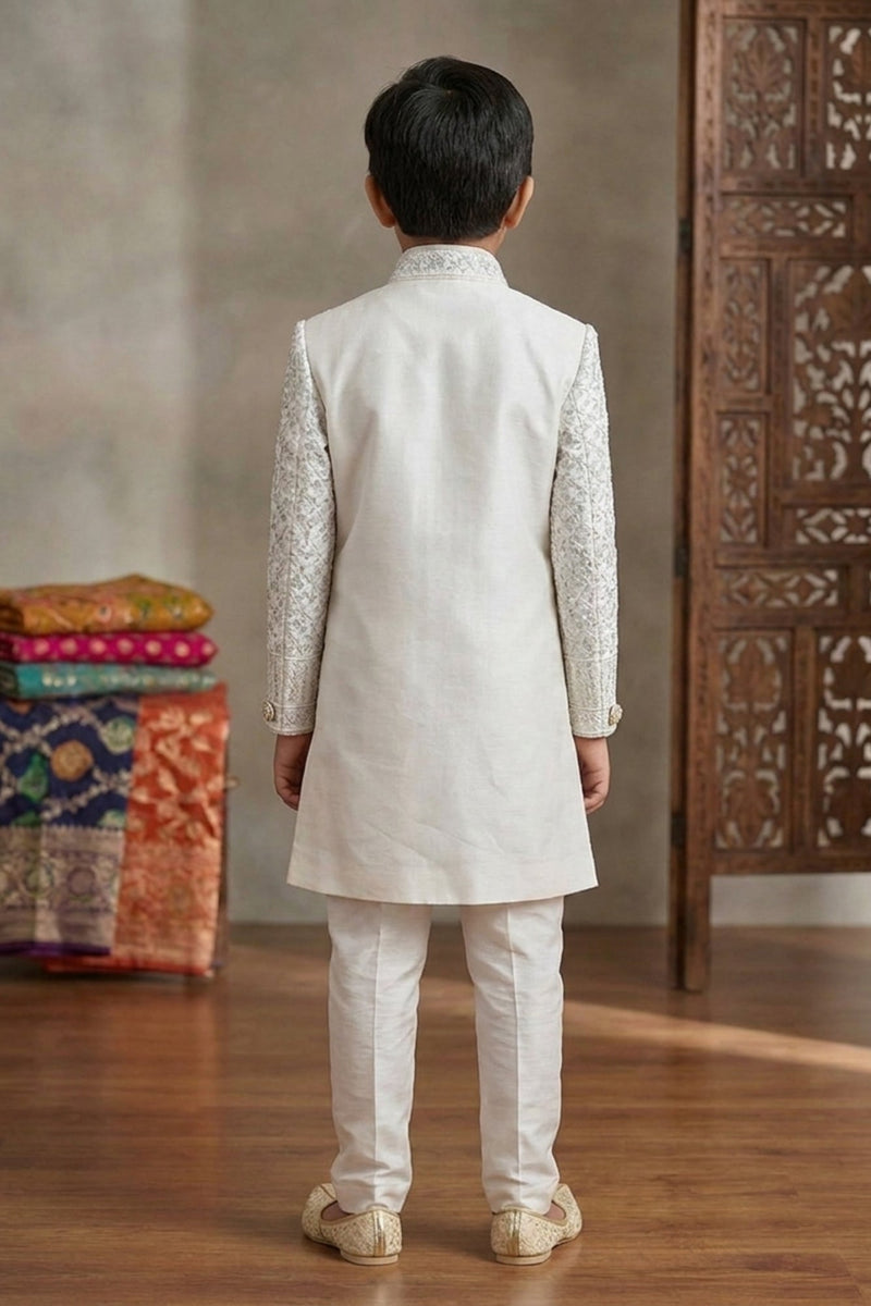 White Embroidered Indo Western Sherwani Set For Boys