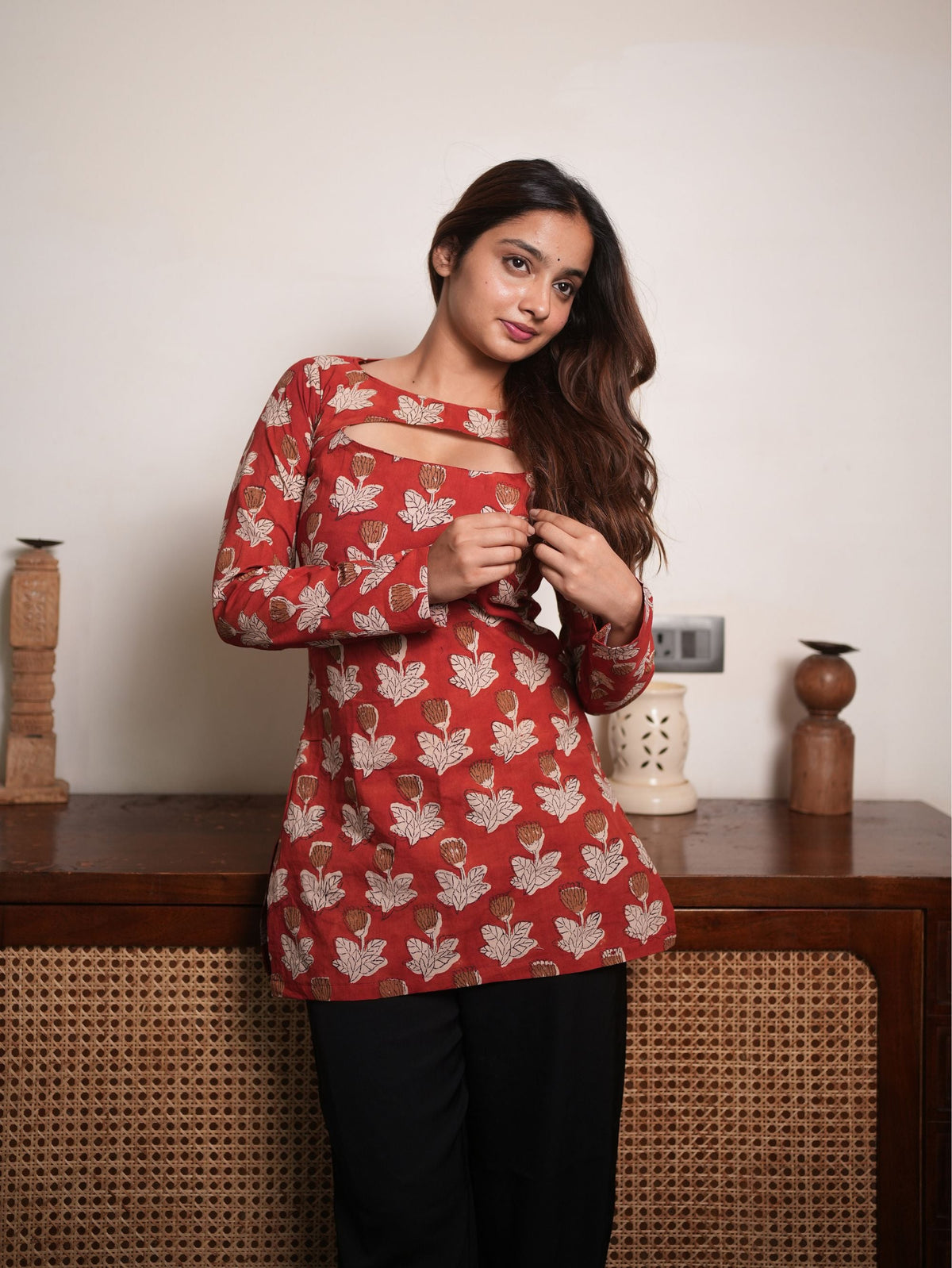 Coral Poetry Red Cotton Short Kurti with Convertible Neck
