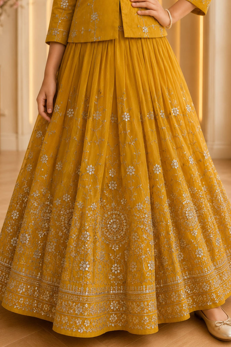 Girls Mustard Yellow Embroidered Jacket Style Lehenga Set with Floral Work