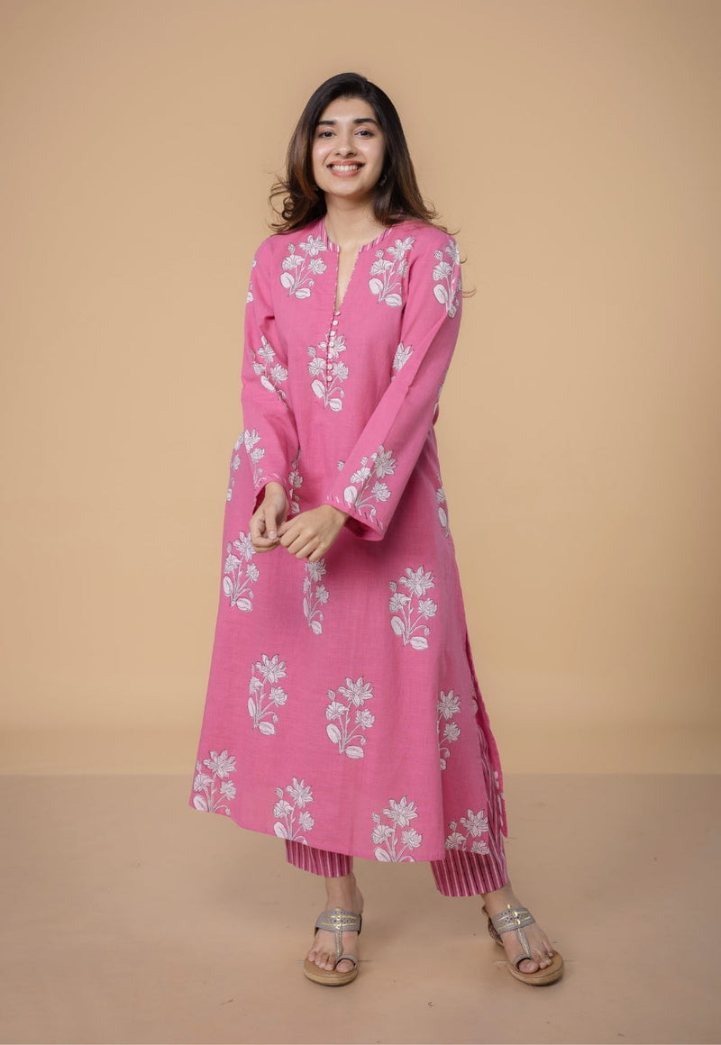 Eshika Pink Dabu Slub Cotton A Line Kurta