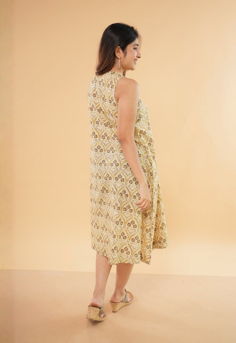 Eira Beige Ajrakh Cotton A Line Dress