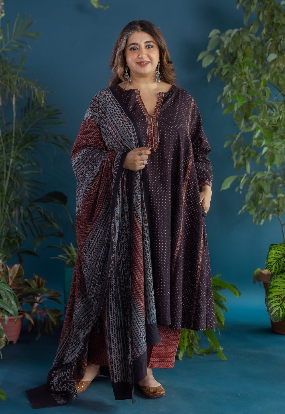 Lysa Black Ajrakh Cotton Jhabbha Kali Kurta