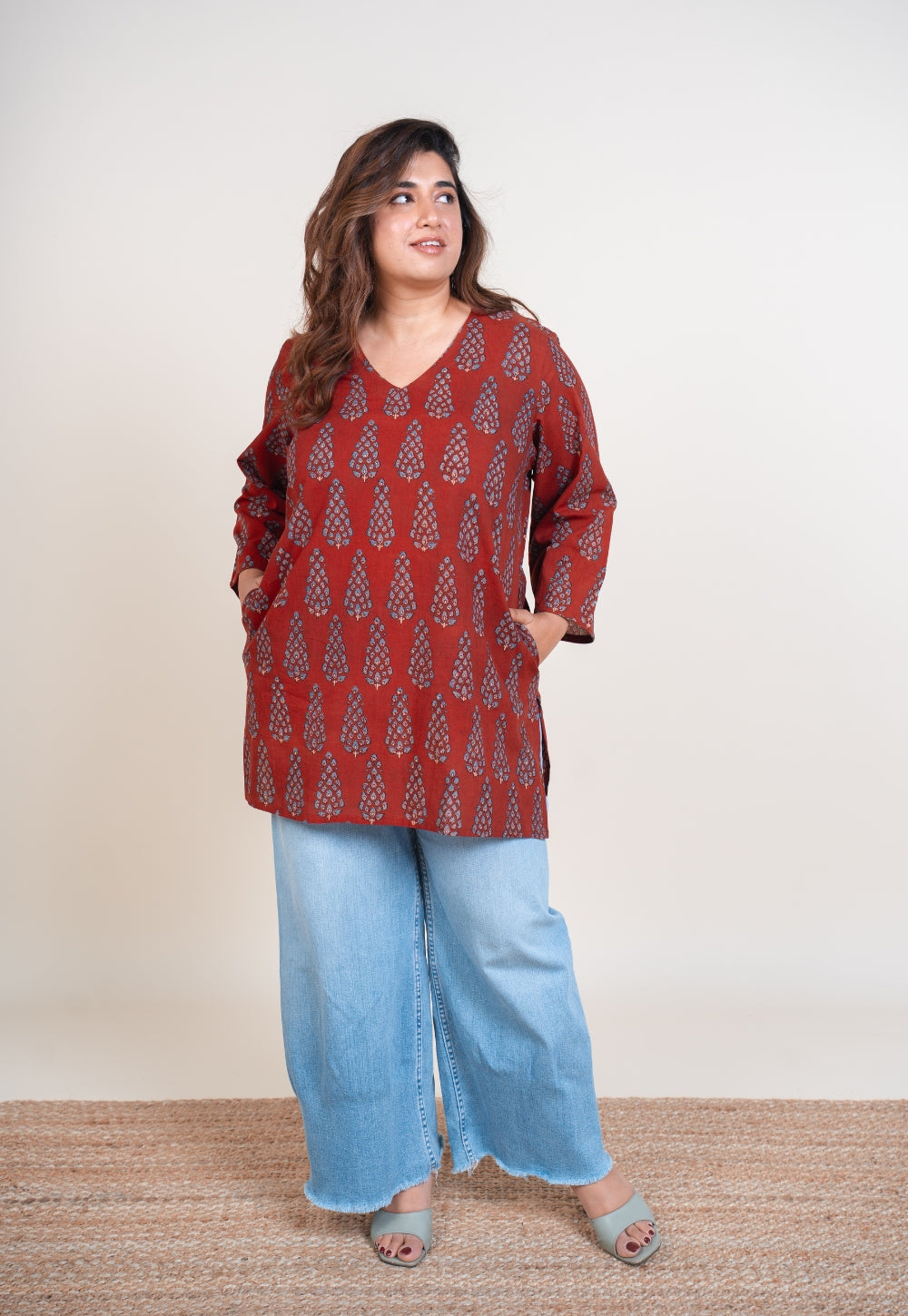 Sahar Red Ajrakh Cotton Straight Short Top