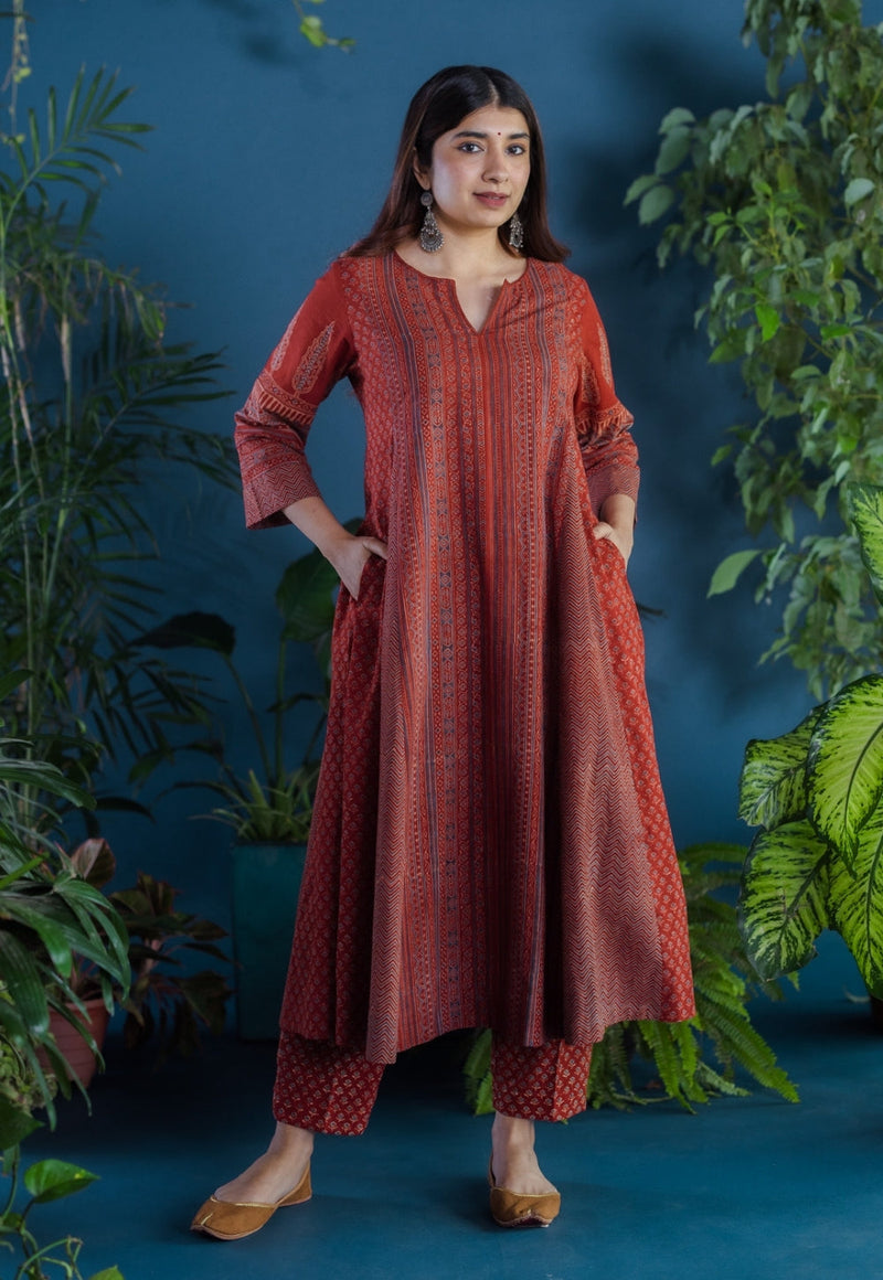 Pranika Red Ajrakh Cotton Kali Kurta with Hand Embroidery