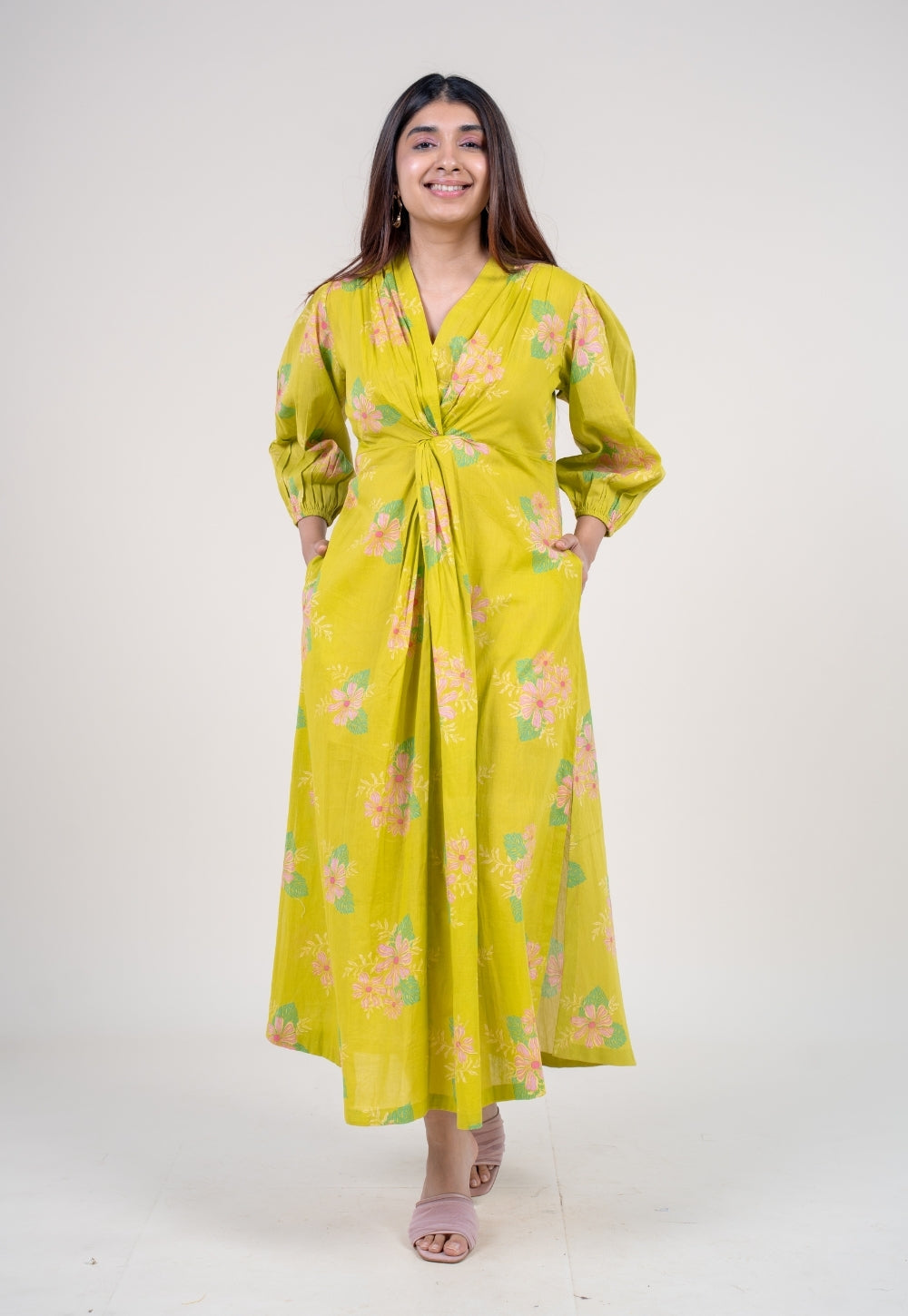 Payal Lime Green Printed Mul A Line Dress with Slip