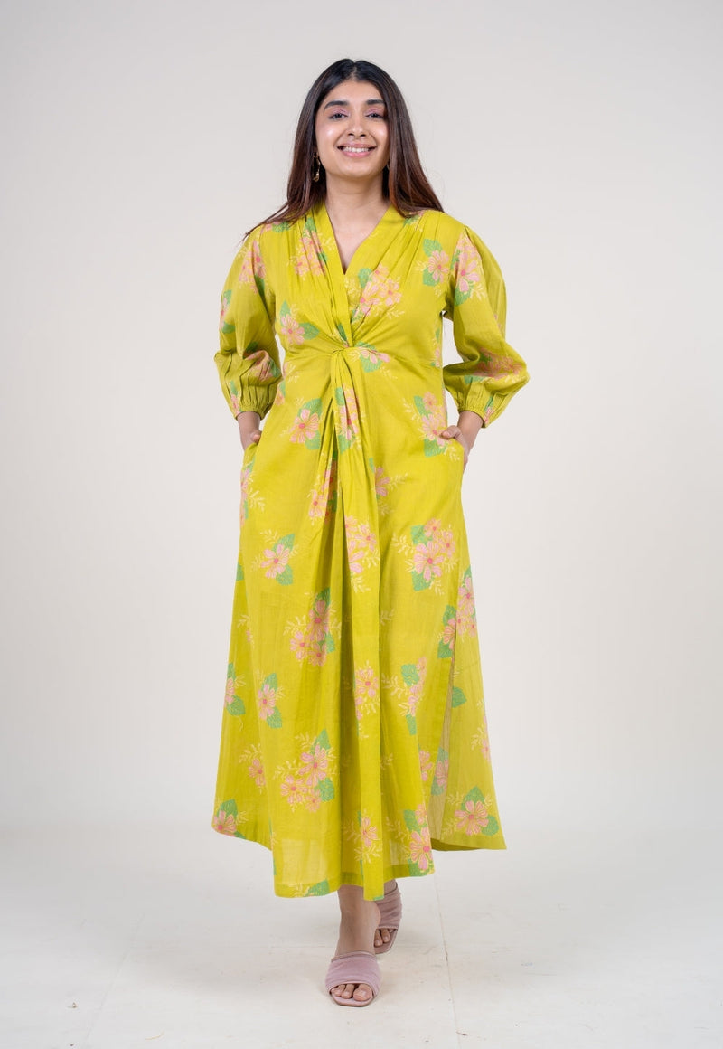 Payal Lime Green Printed Mul A Line Dress with Slip