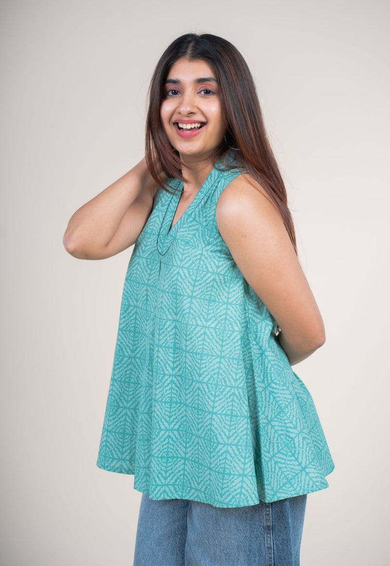 Zivya Aqua Green Printed Cotton A Line Short Top