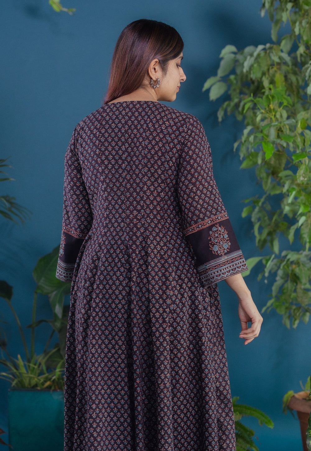 Meyara Black Ajrakh Cotton Kali Kurta with Hand Embroidery