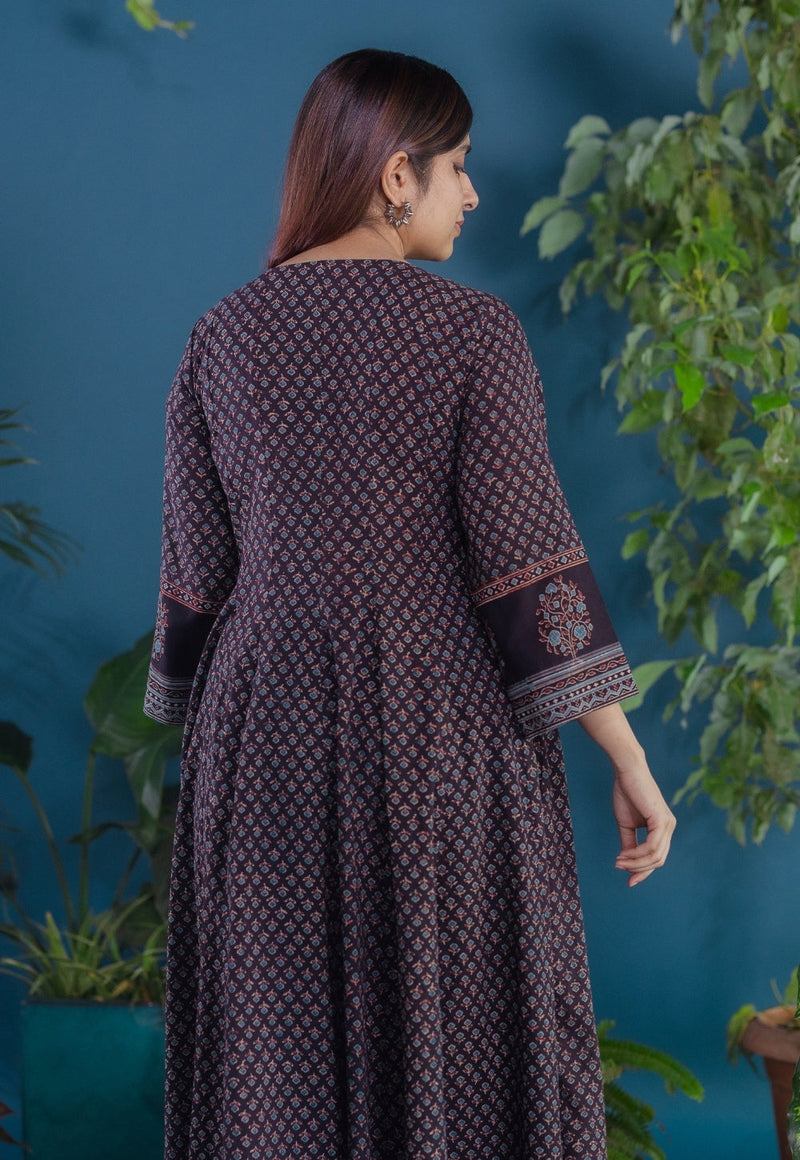 Meyara Black Ajrakh Cotton Kali Kurta with Hand Embroidery