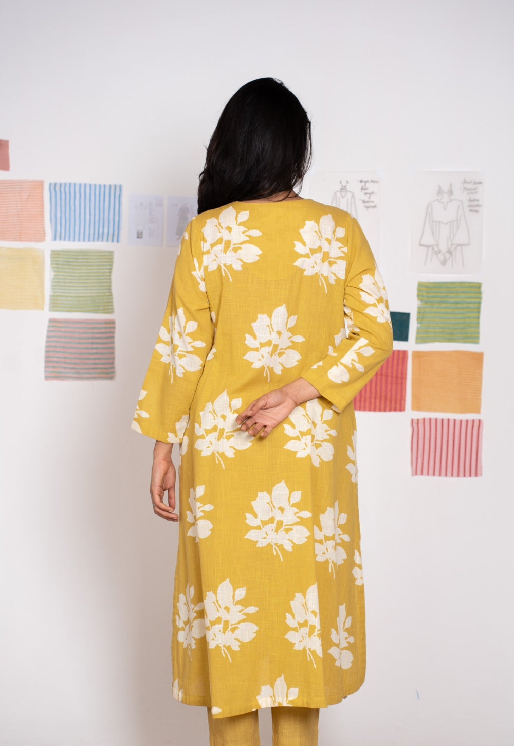 Zoohi Yellow Dabu Slub Cotton A Line Kurta