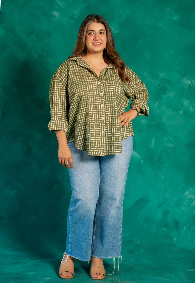 Ruhi Green Bagru Cotton Straight Shirt