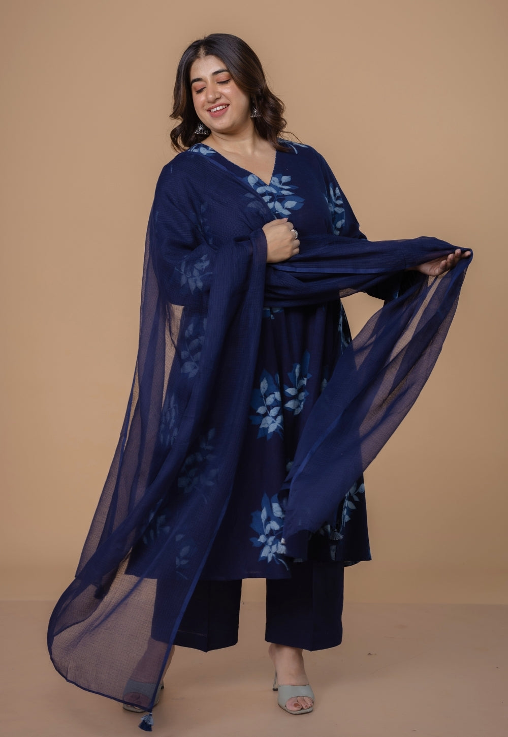 Shrusti Blue Dabu Slub Cotton A Line Kurta