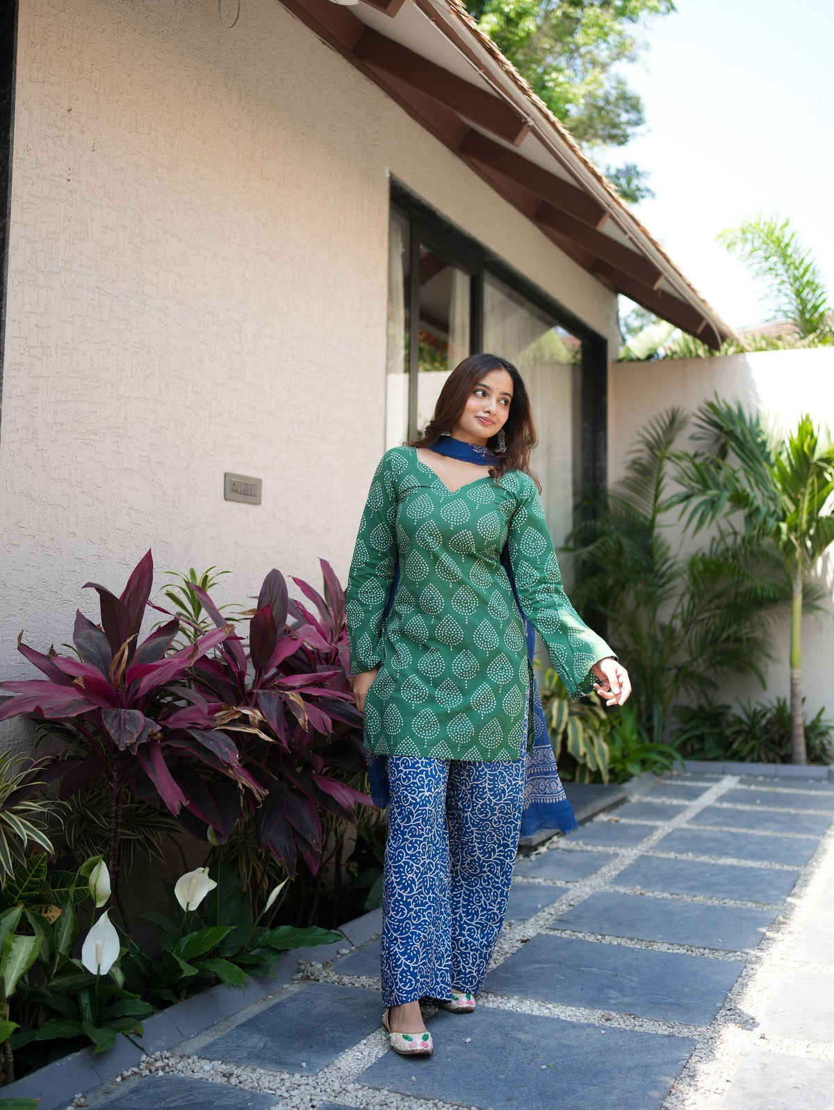 Secret Garden Green Blue Farshi Salwar Set with Chiffon Dupatta