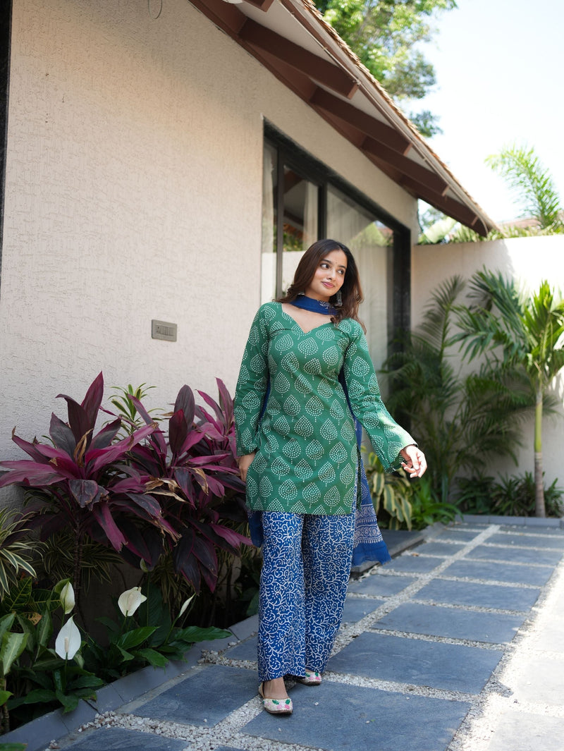 Secret Garden Green Blue Farshi Salwar Set with Chiffon Dupatta