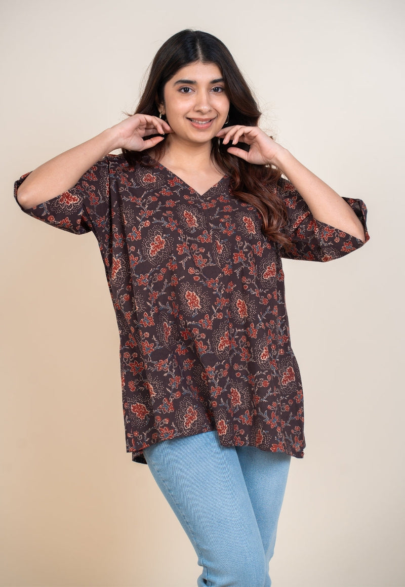 Anshika Red Ajrakh Cotton Anti-Fit Short Top