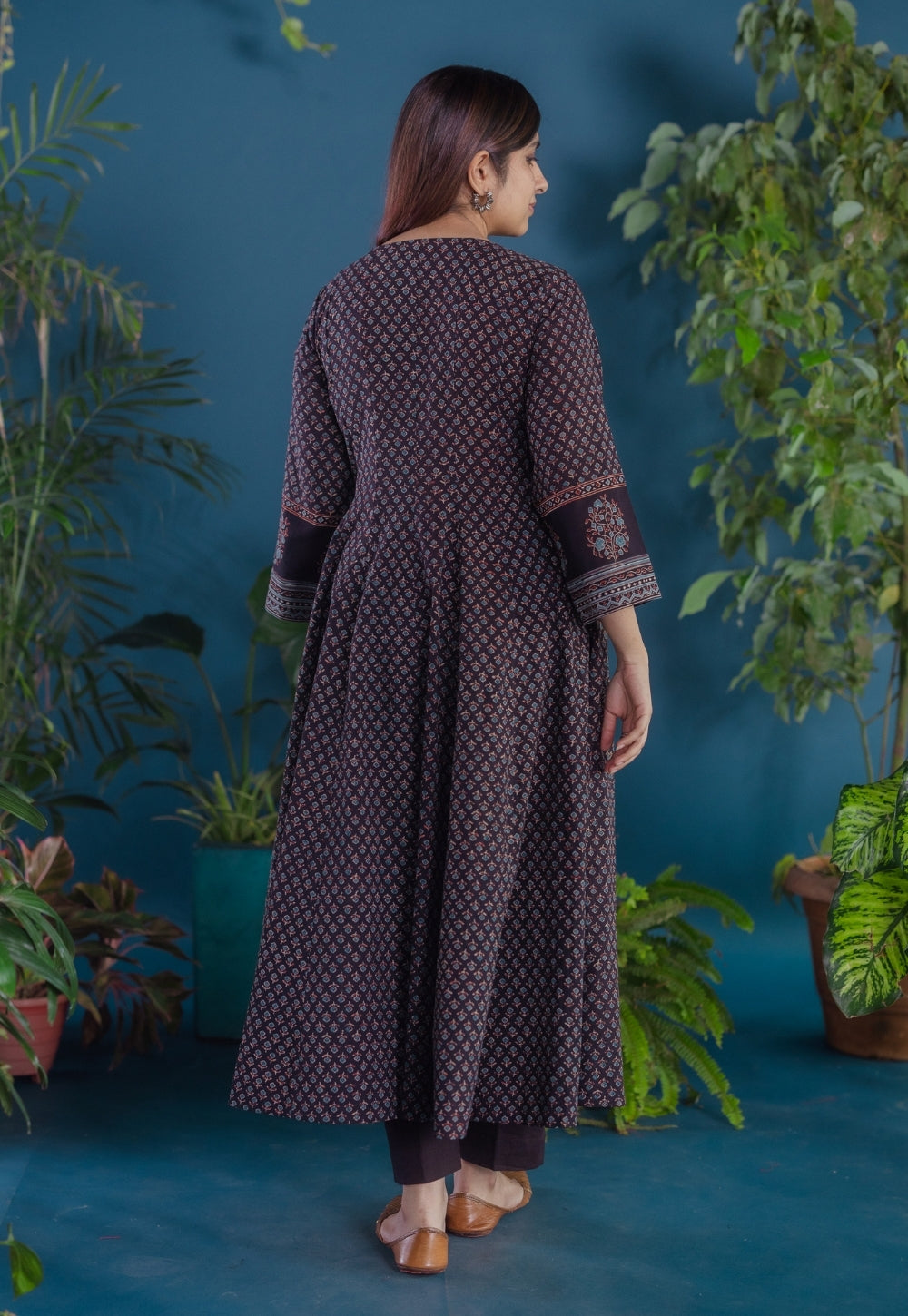 Meyara Black Ajrakh Cotton Kali Kurta with Hand Embroidery