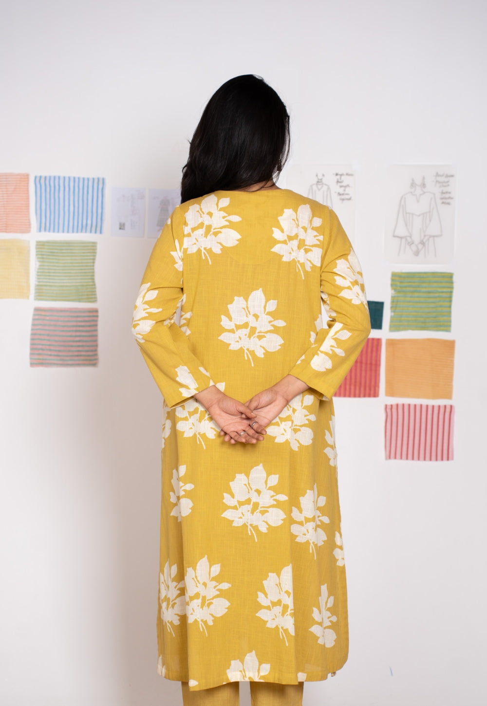 Zoohi Yellow Dabu Slub Cotton A Line Kurta