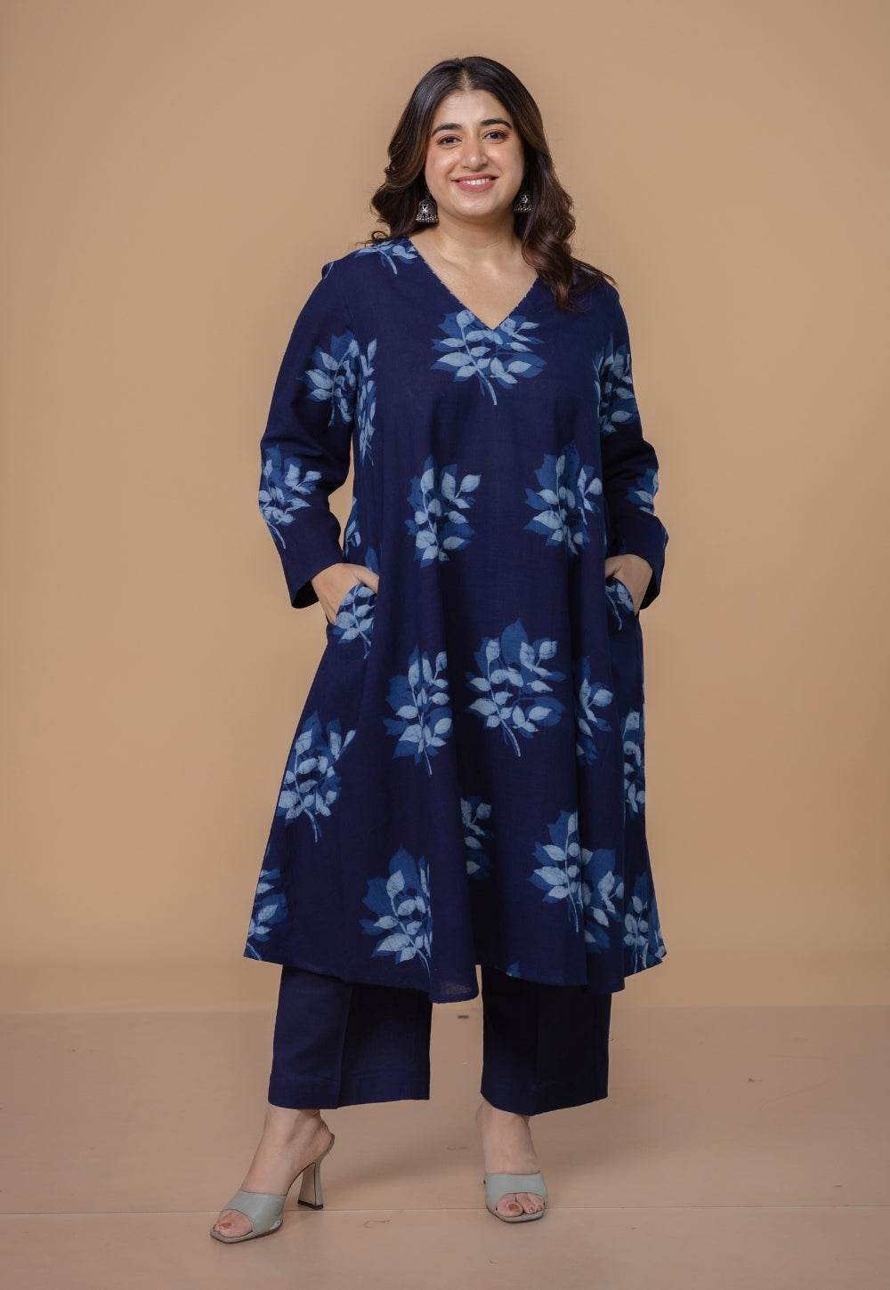 Shrusti Blue Dabu Slub Cotton A Line Kurta