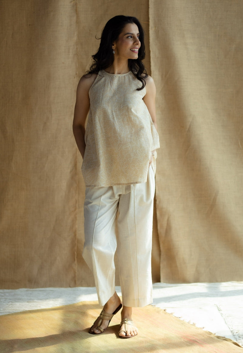 Parveen Cream Hand Block Print Slub Cotton A Line Short Top with Hand Embroidery