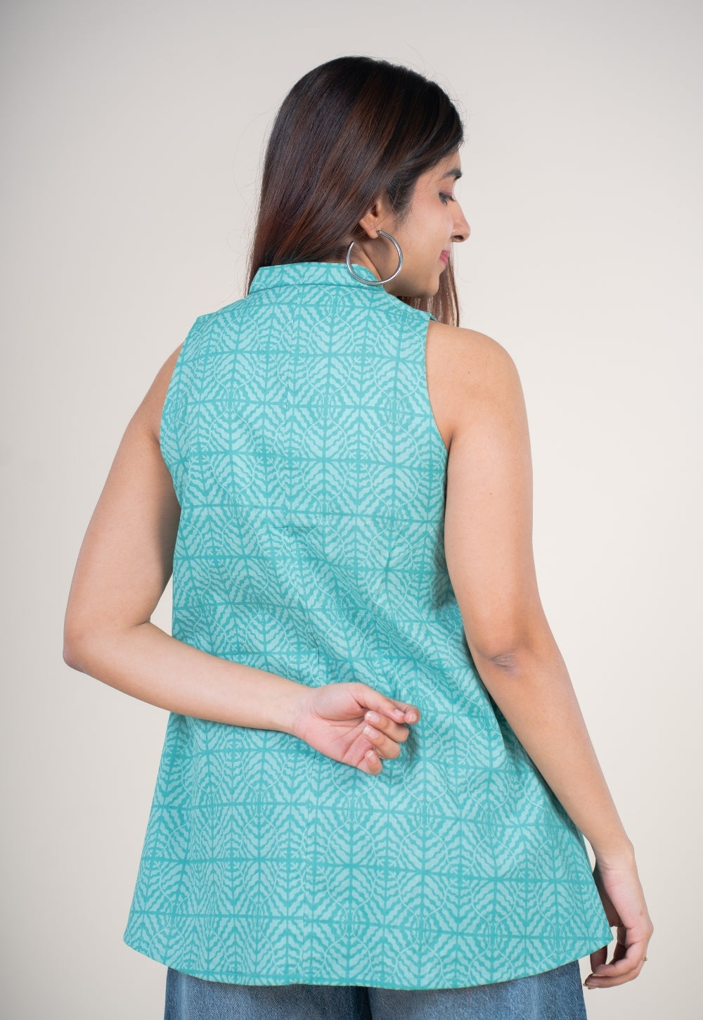 Zivya Aqua Green Printed Cotton A Line Short Top