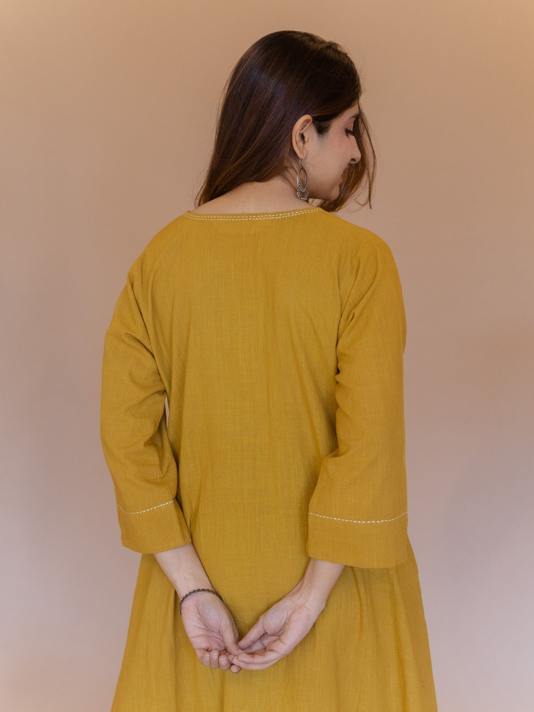 Nyra Yellow Solid Slub Cotton Jhabbha Kali Kurta with Hand Embroidery
