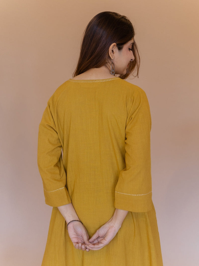 Nyra Yellow Solid Slub Cotton Jhabbha Kali Kurta with Hand Embroidery