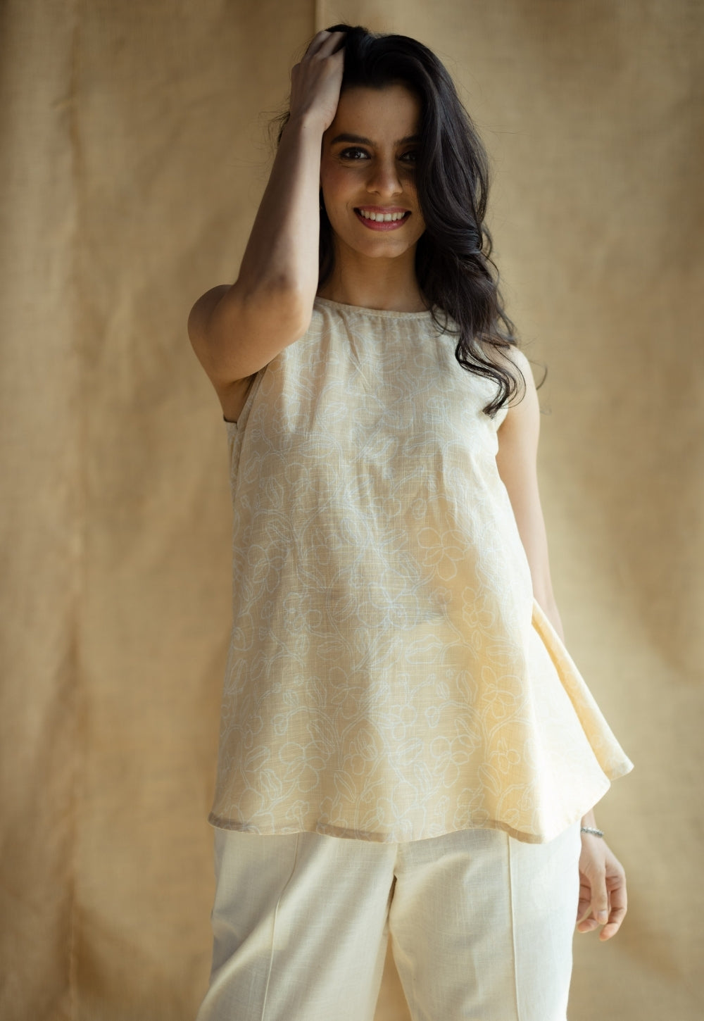 Parveen Cream Hand Block Print Slub Cotton A Line Short Top with Hand Embroidery