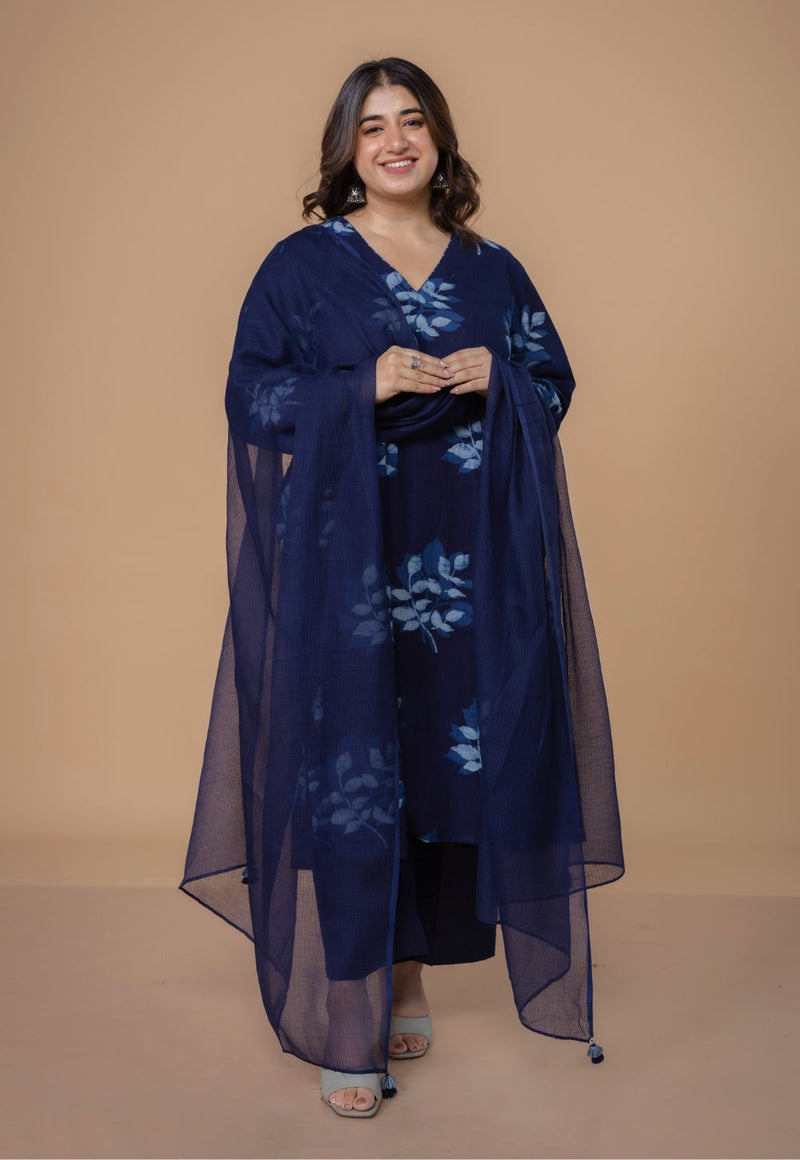 Shrusti Blue Dabu Slub Cotton A Line Kurta