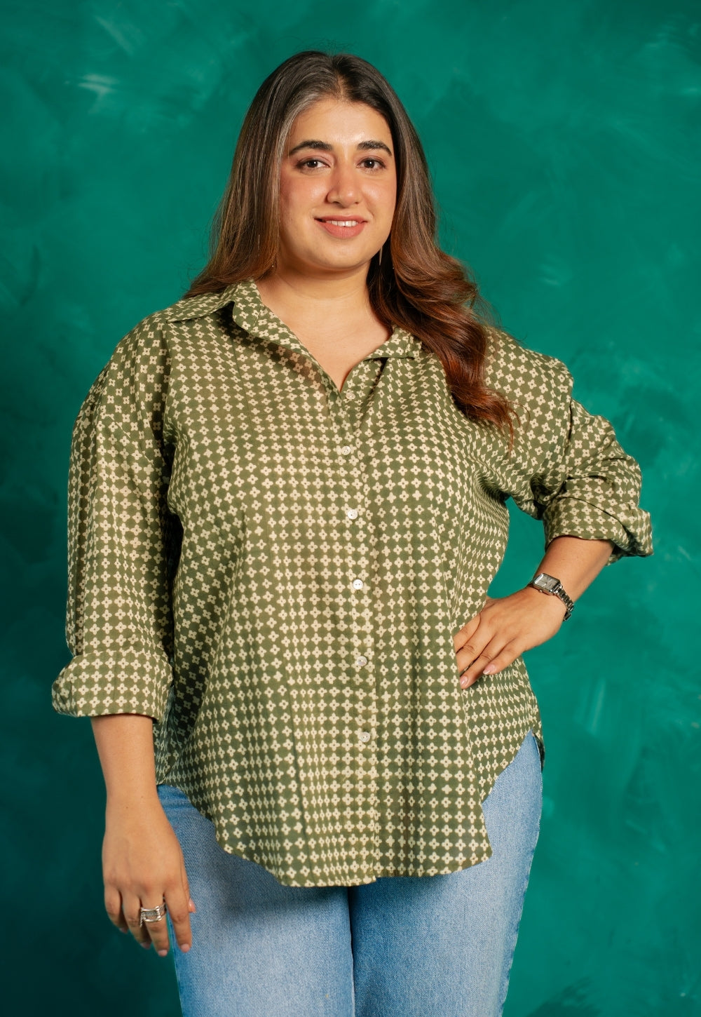 Ruhi Green Bagru Cotton Straight Shirt