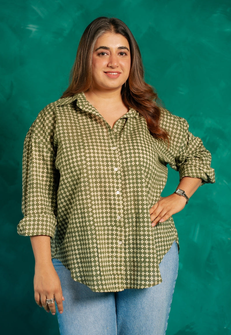 Ruhi Green Bagru Cotton Straight Shirt