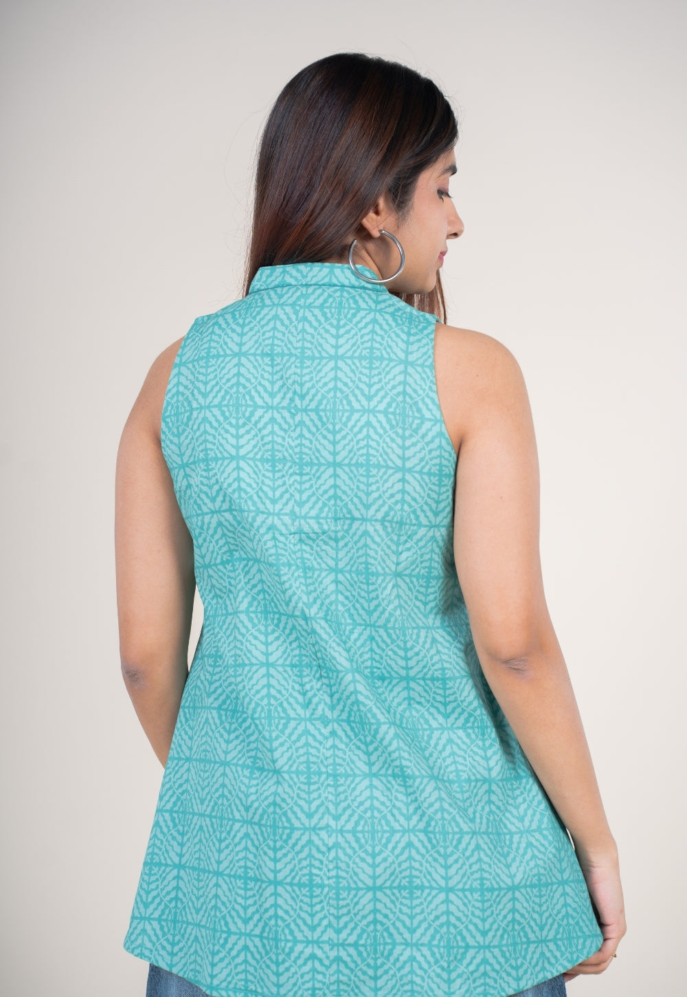 Zivya Aqua Green Printed Cotton A Line Short Top