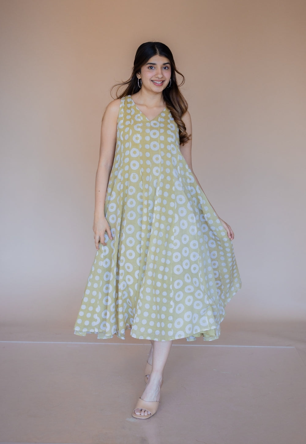Seher Green Batik MulMul Kali Dress with Slip