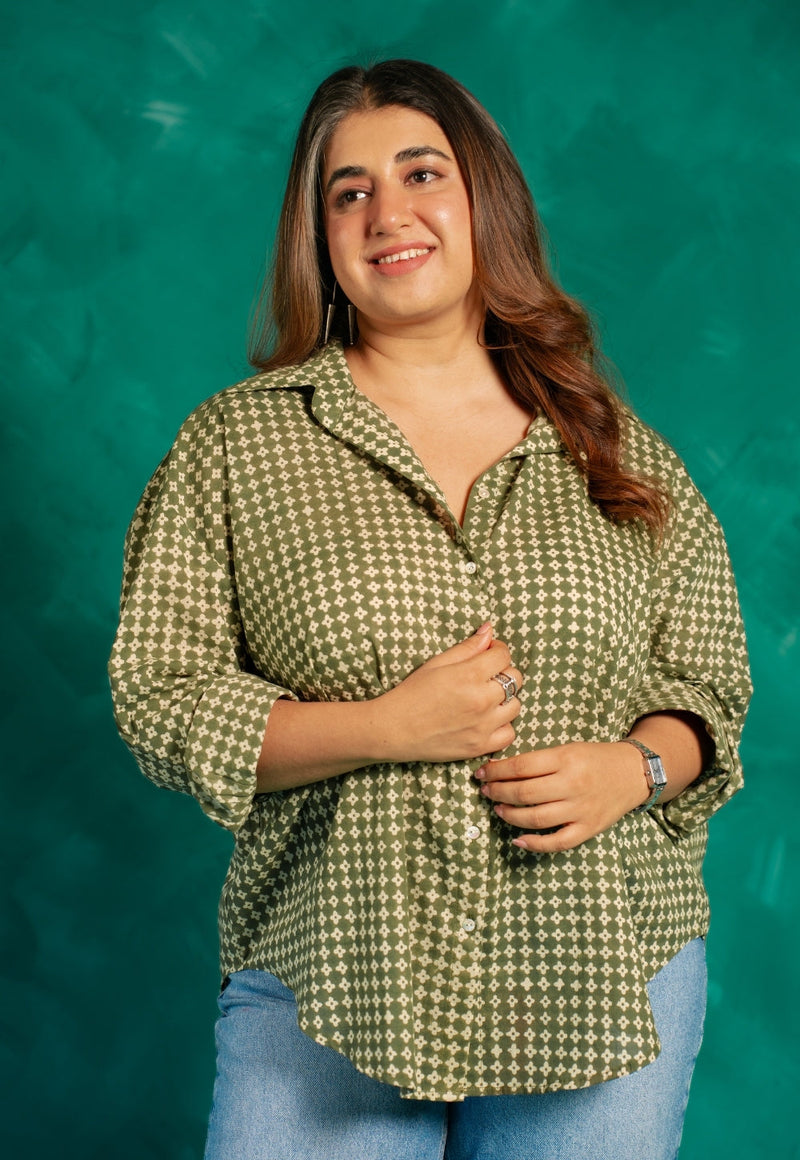 Ruhi Green Bagru Cotton Straight Shirt