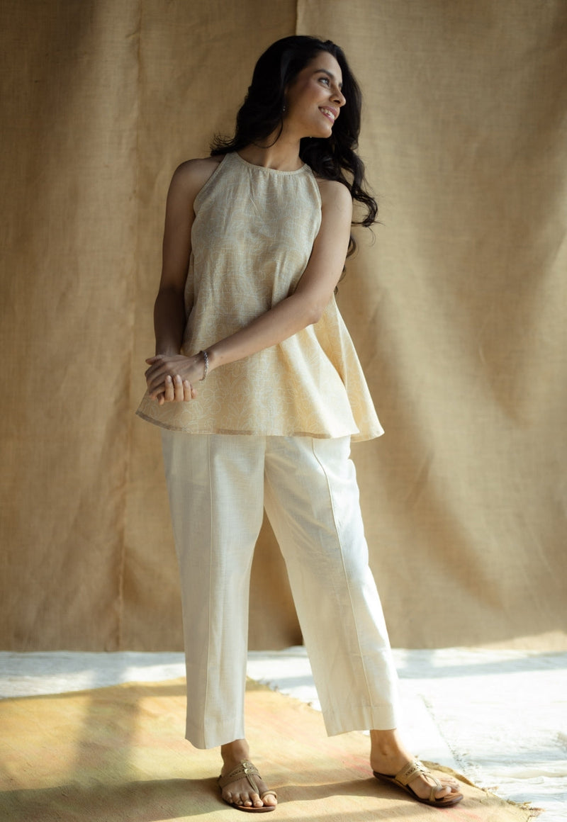 Parveen Cream Hand Block Print Slub Cotton A Line Short Top with Hand Embroidery