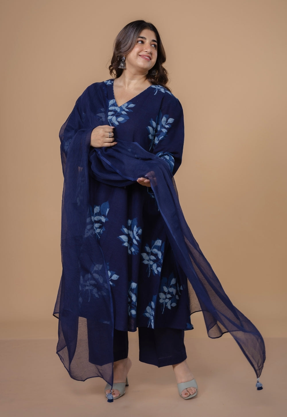 Shrusti Blue Dabu Slub Cotton A Line Kurta