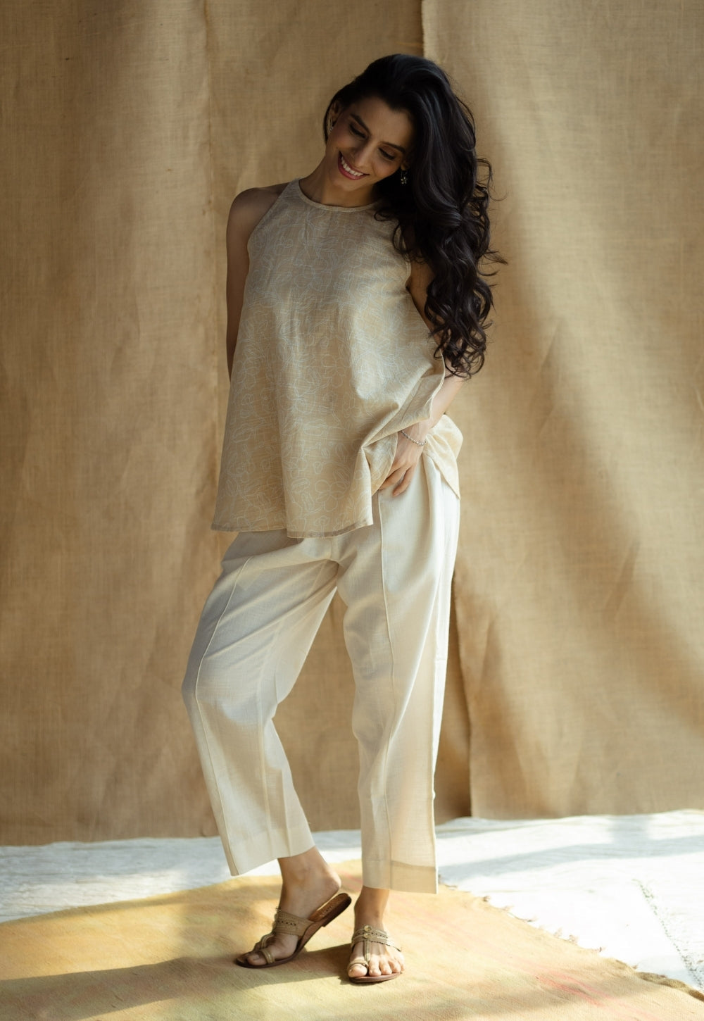 Parveen Cream Hand Block Print Slub Cotton A Line Short Top with Hand Embroidery