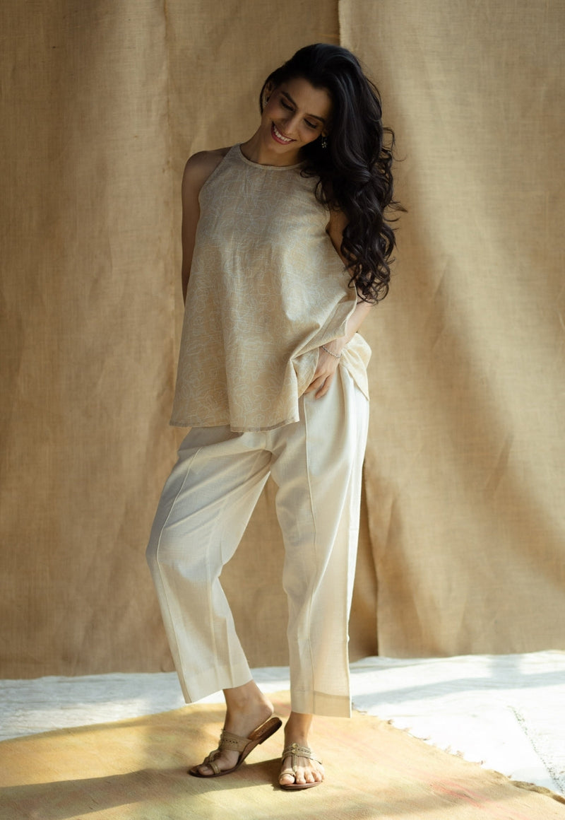 Parveen Cream Hand Block Print Slub Cotton A Line Short Top with Hand Embroidery