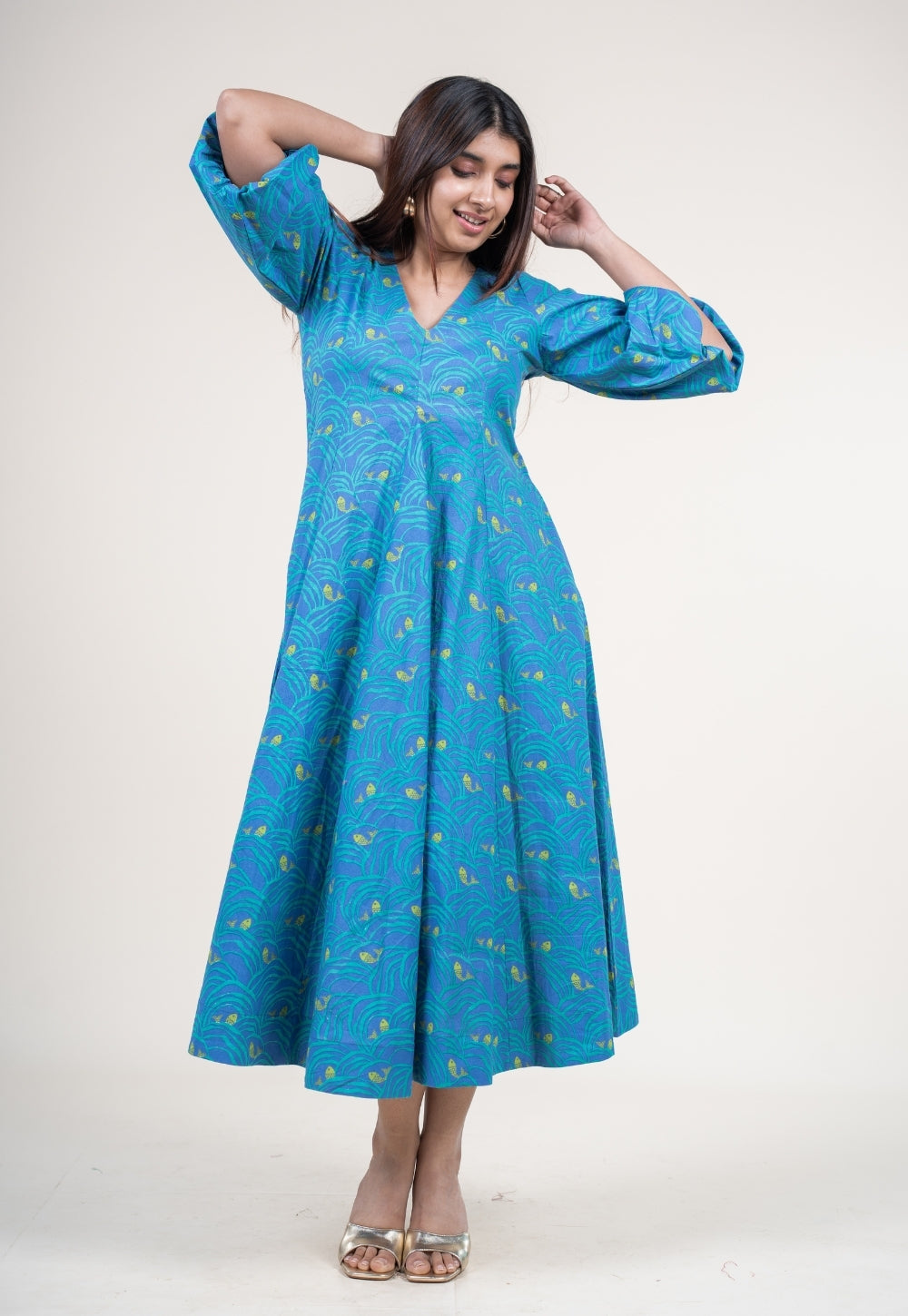 Tanisha Ink Blue Printed Cotton A Line Dress