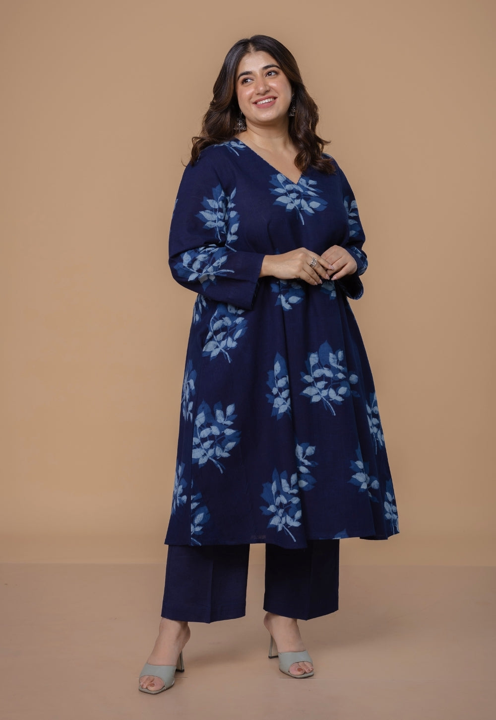 Shrusti Blue Dabu Slub Cotton A Line Kurta