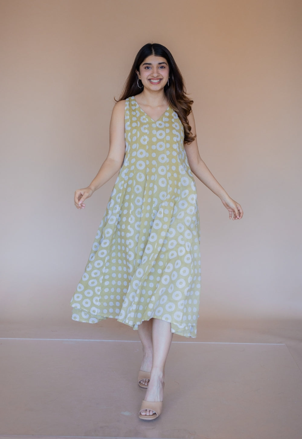 Seher Green Batik MulMul Kali Dress with Slip