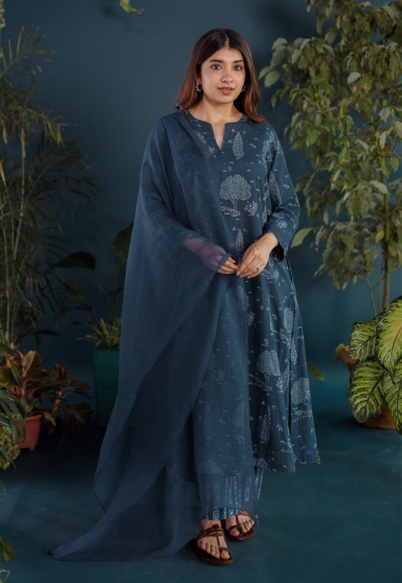 Zoohi Blue Ajrakh Cotton A Line Kurta