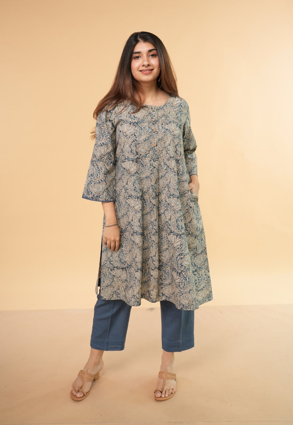 Prita Blue Solid Slub Cotton Narrow Pant