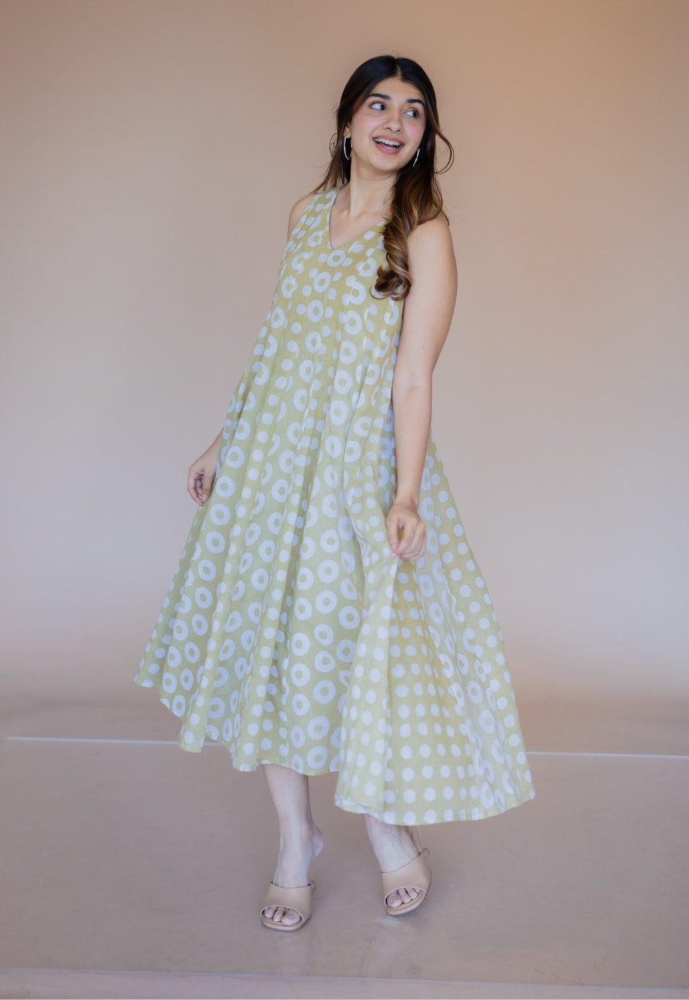 Seher Green Batik MulMul Kali Dress with Slip