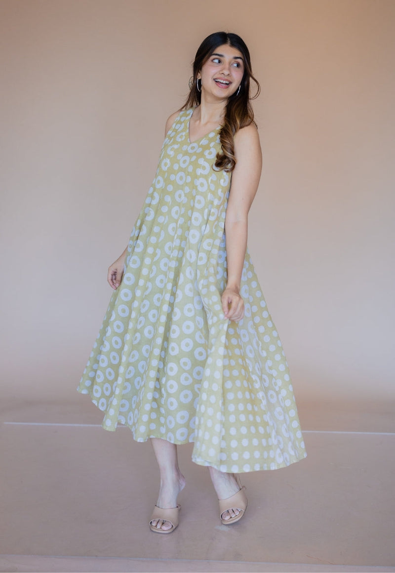 Seher Green Batik MulMul Kali Dress with Slip